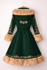 Elegant Green Victorian Fur Trimmed Coat with Gold Embroidery Vintage Luxury Winter Outerwear