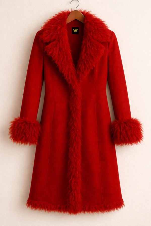 Red Wool Coat with Faux Fur Trim Long Winter Statement Jacket