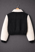 Black Denim Trucker Jacket with Faux Fur Sleeves & Sherpa Collar