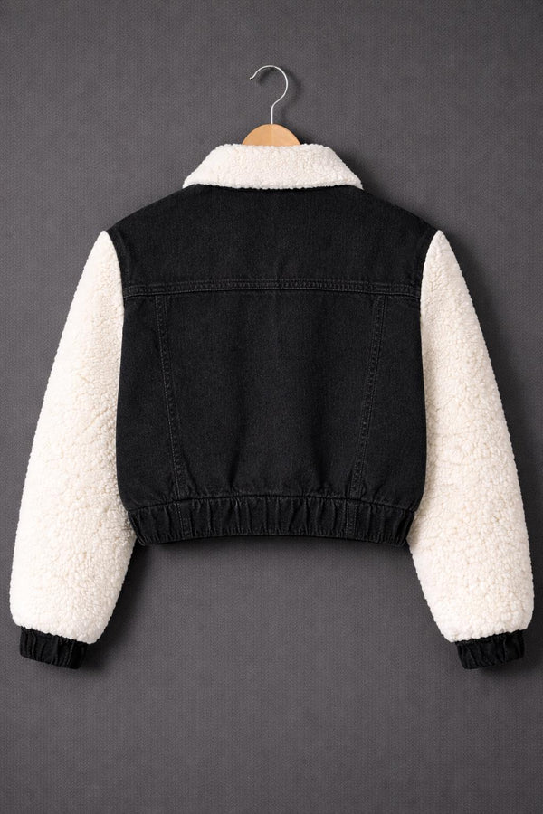Black Denim Trucker Jacket with Faux Fur Sleeves & Sherpa Collar