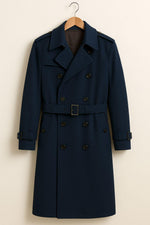Navy Blue Trench Coat: Double-Breasted Belted Vintage Overcoat