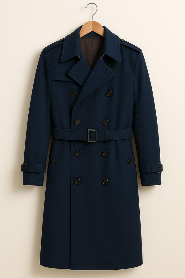 Navy Blue Trench Coat: Double-Breasted Belted Vintage Overcoat
