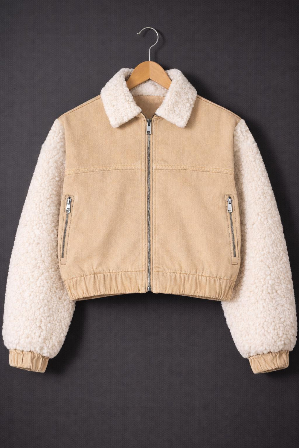 Beige Cropped Trucker Jacket with Faux Fur Sleeves & Sherpa Collar