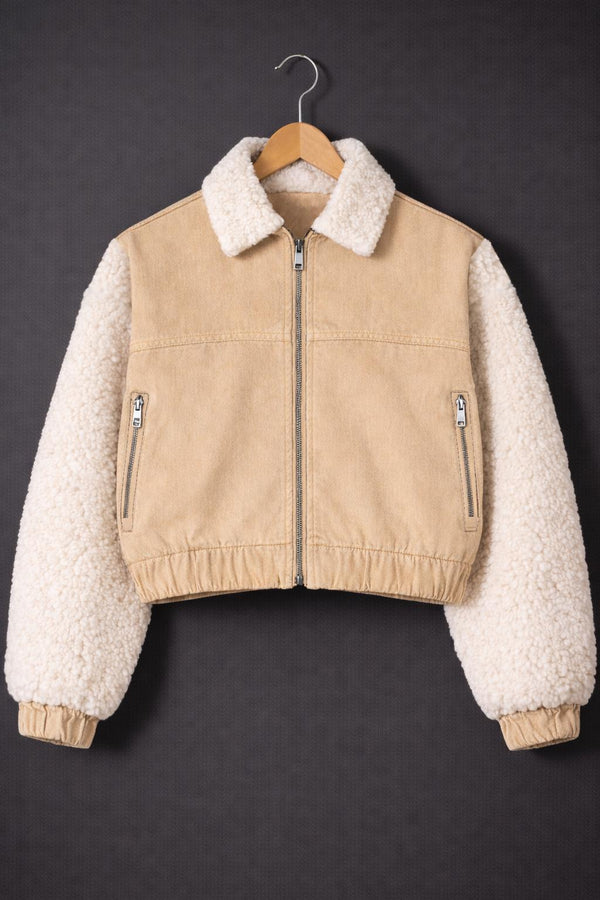 Beige Cropped Trucker Jacket with Faux Fur Sleeves & Sherpa Collar