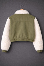Olive Green Denim Trucker Jacket with Faux Fur Sleeves & Sherpa Collar