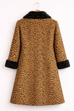 Tiger Print Wool Coat with Black Faux Fur Trim Long Winter Overcoat