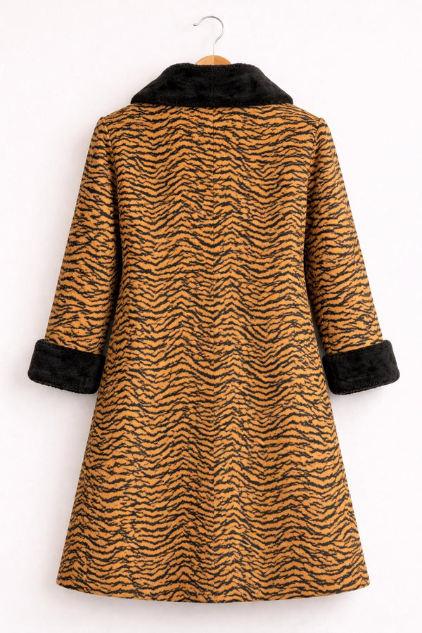Tiger Print Wool Coat with Black Faux Fur Trim Long Winter Overcoat