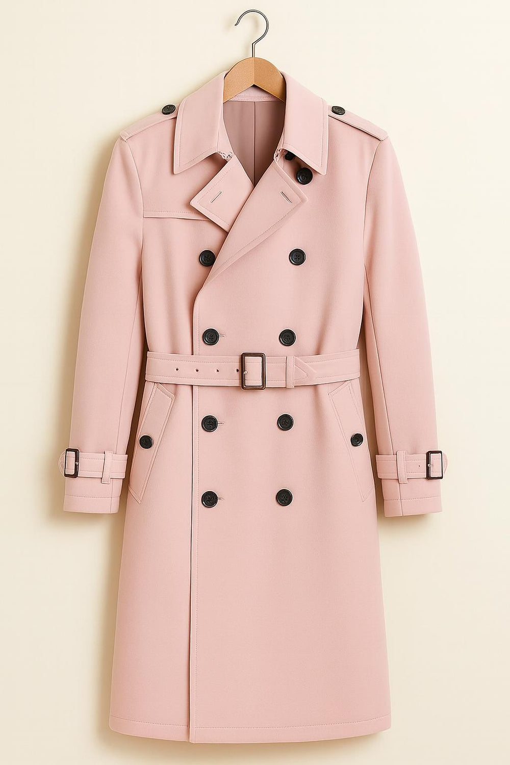 Pink Trench Coat Double-Breasted Belted Vintage Overcoat