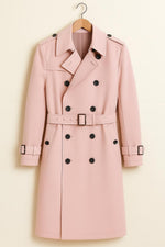Pink Trench Coat Double-Breasted Belted Vintage Overcoat