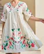 White Cotton Floral Embroidered Boho V-Neck A-Line Midi Dress