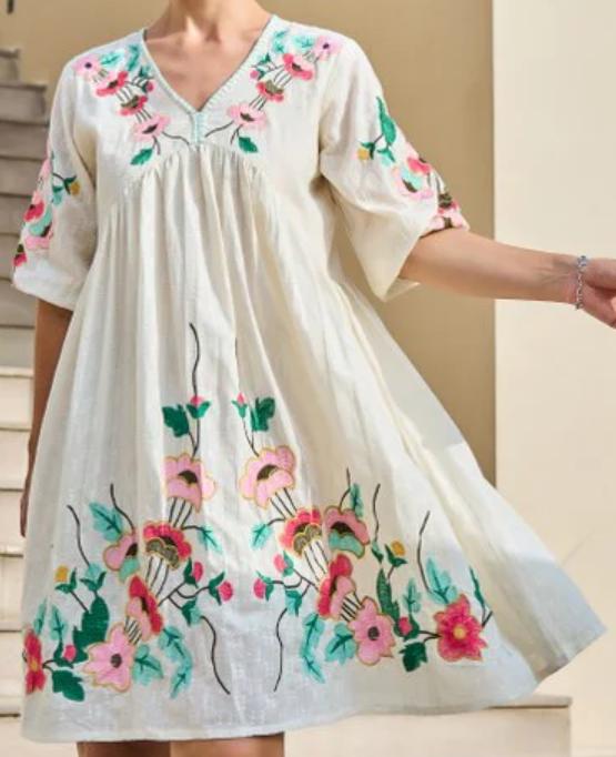 White Cotton Floral Embroidered Boho V-Neck A-Line Midi Dress