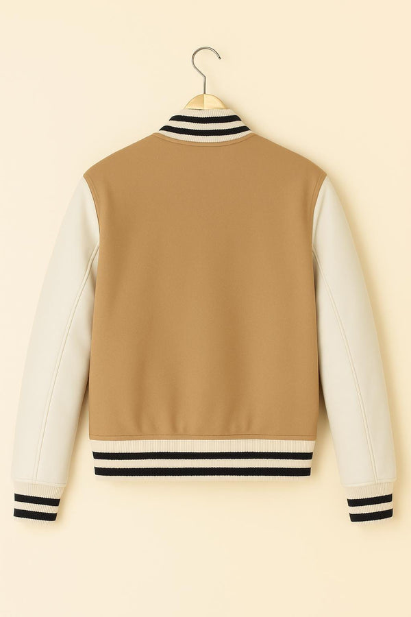 Beige Varsity Jacket | Two-Tone Wool-Blend Bomber