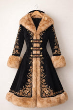 Black Victorian Fur Trim Embroidered Winter Coat