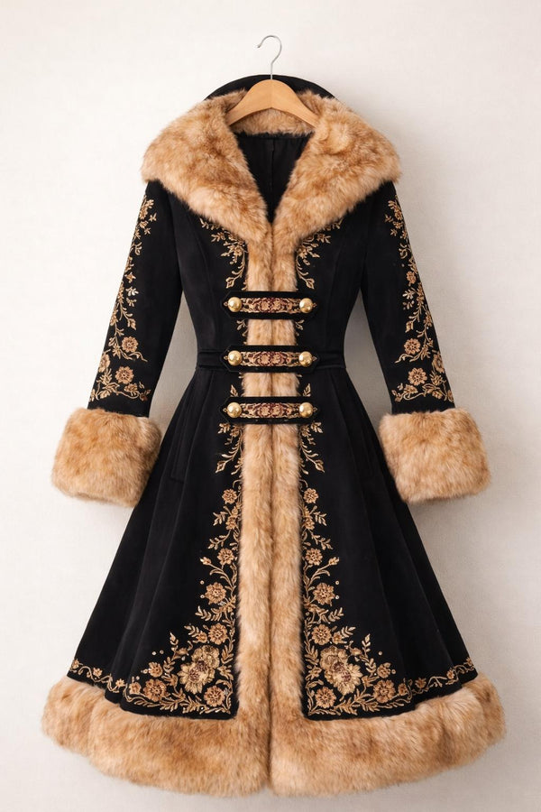 Black Victorian Fur Trim Embroidered Winter Coat