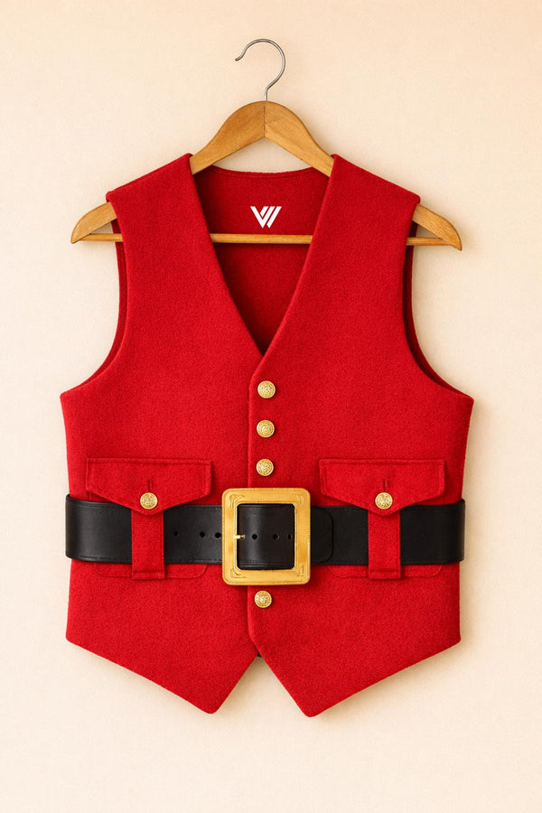 Green & Red Wool Santa Vest Christmas Costume Belted Holiday Waistcoat