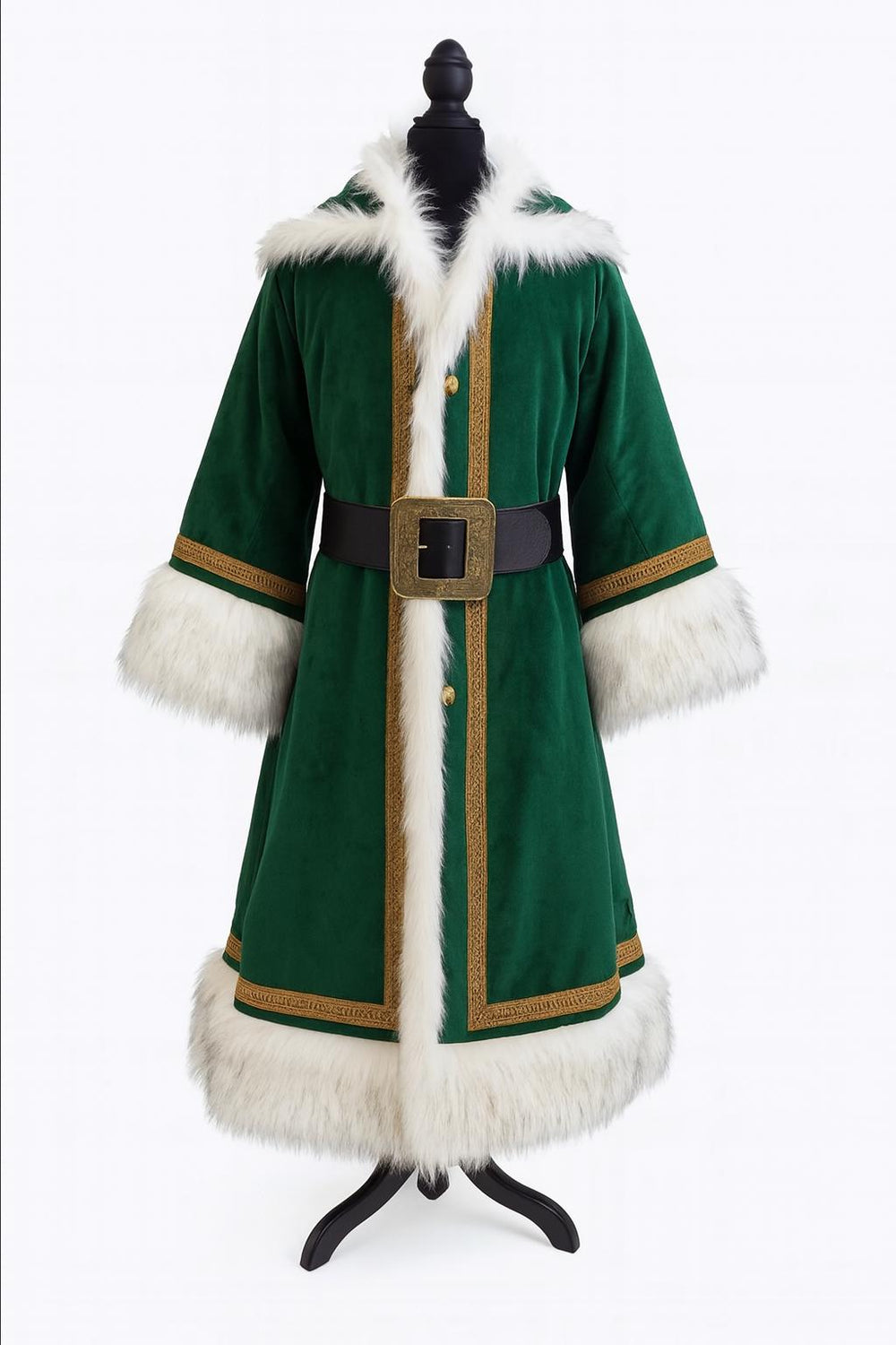 Green Velvet Santa Coat with Hood – Luxury Christmas Cloak with White Faux Fur