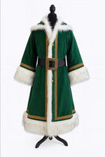 Green Velvet Santa Coat with Hood – Luxury Christmas Cloak with White Faux Fur