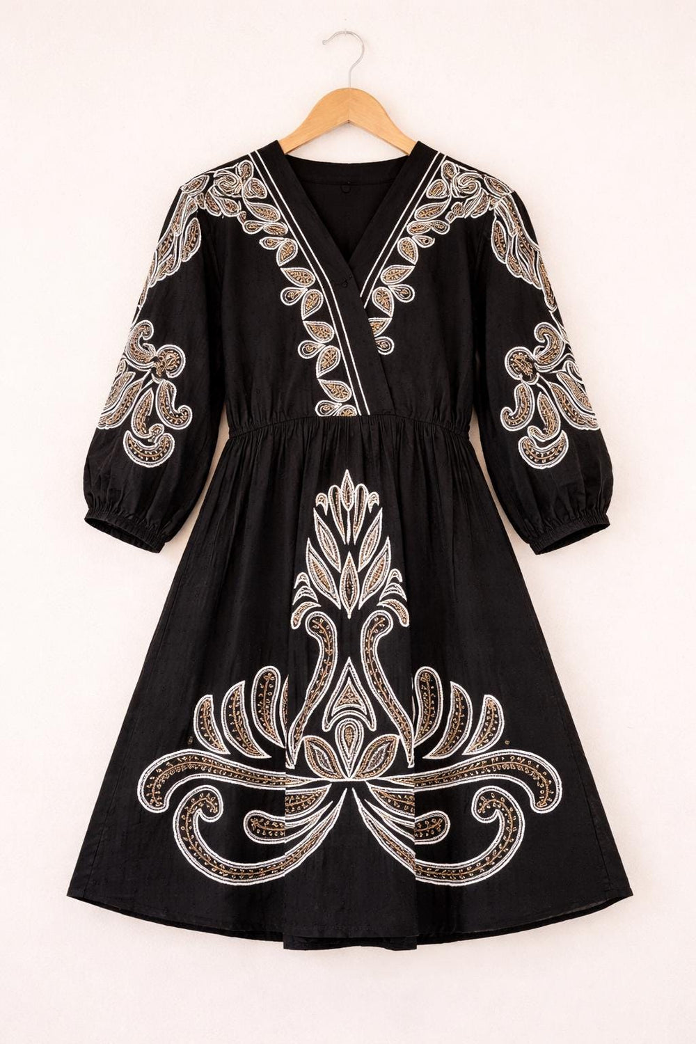 Black Cotton Embroidered Boho V-Neck A-Line Midi Outfit