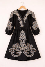 Black Cotton Embroidered Boho V-Neck A-Line Midi Outfit