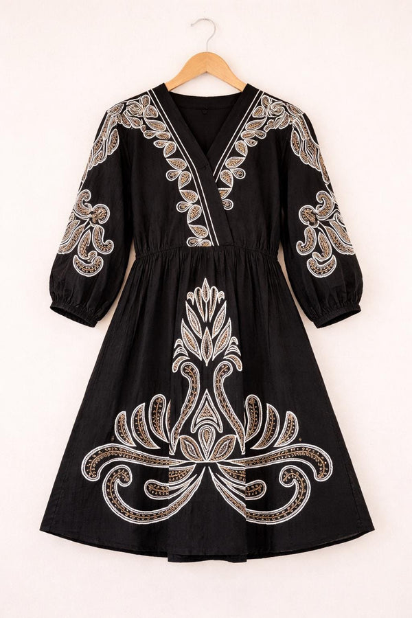 Black Cotton Embroidered Boho V-Neck A-Line Midi Outfit