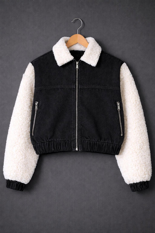 Black Denim Trucker Jacket with Faux Fur Sleeves & Sherpa Collar