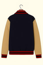 Colorblock Bomber Jacket: Navy & Beige Retro Varsity Jacket