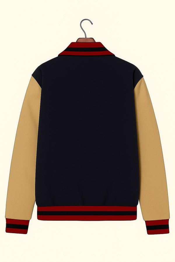 Colorblock Bomber Jacket: Navy & Beige Retro Varsity Jacket