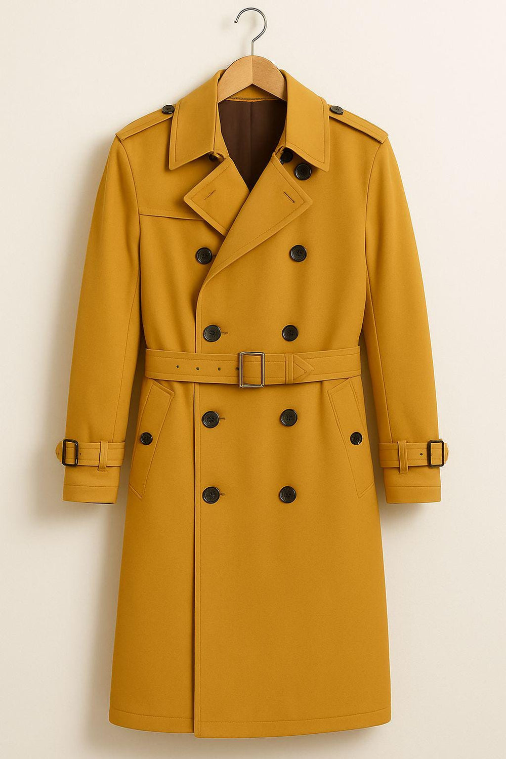 Mustard Wool Trench Coat | Belted Double-Breasted Overcoat