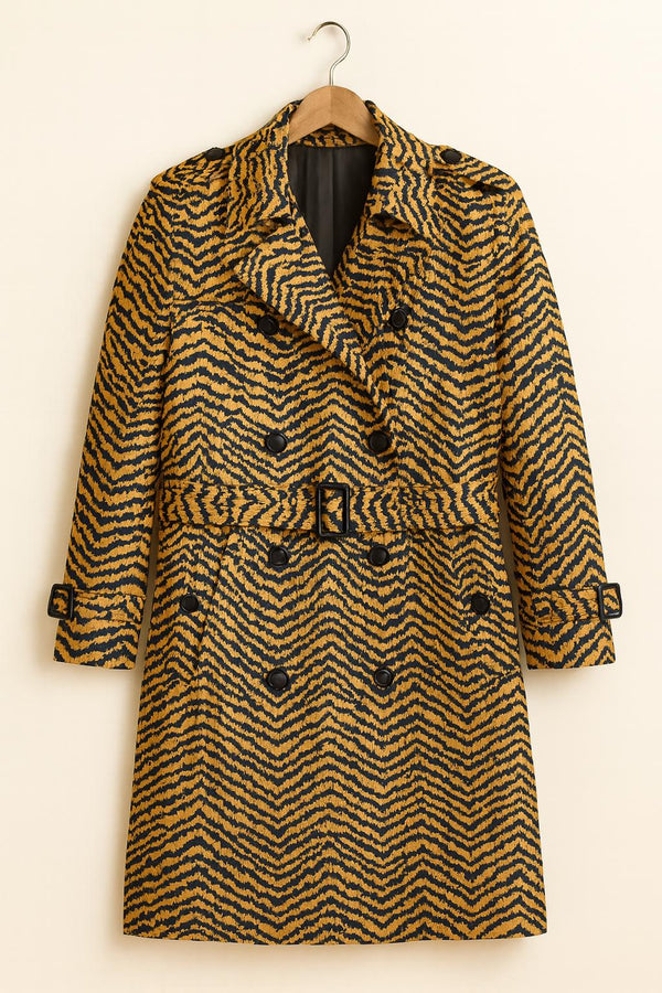 Tiger Print Wool Trench Coat: Double-Breasted Belted Overcoat