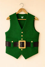 Green & Red Wool Santa Vest Christmas Costume Belted Holiday Waistcoat