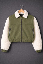 Olive Green Denim Trucker Jacket with Faux Fur Sleeves & Sherpa Collar