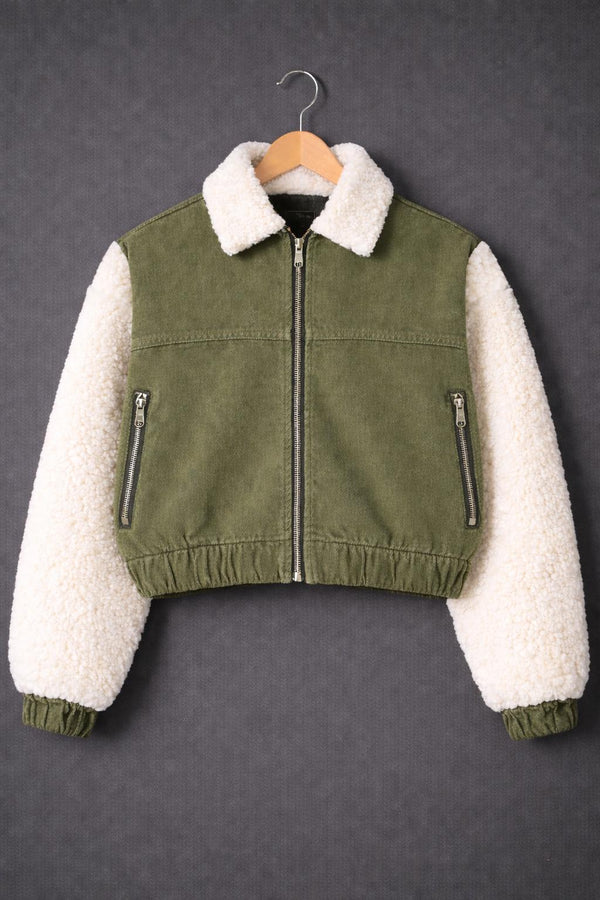 Olive Green Denim Trucker Jacket with Faux Fur Sleeves & Sherpa Collar