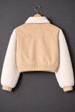 Beige Cropped Trucker Jacket with Faux Fur Sleeves & Sherpa Collar