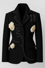 Handmade Black Blazer | Embroidered Rose Applique, Statement Jacket