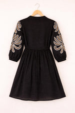 Black Cotton Embroidered Boho V-Neck A-Line Midi Outfit