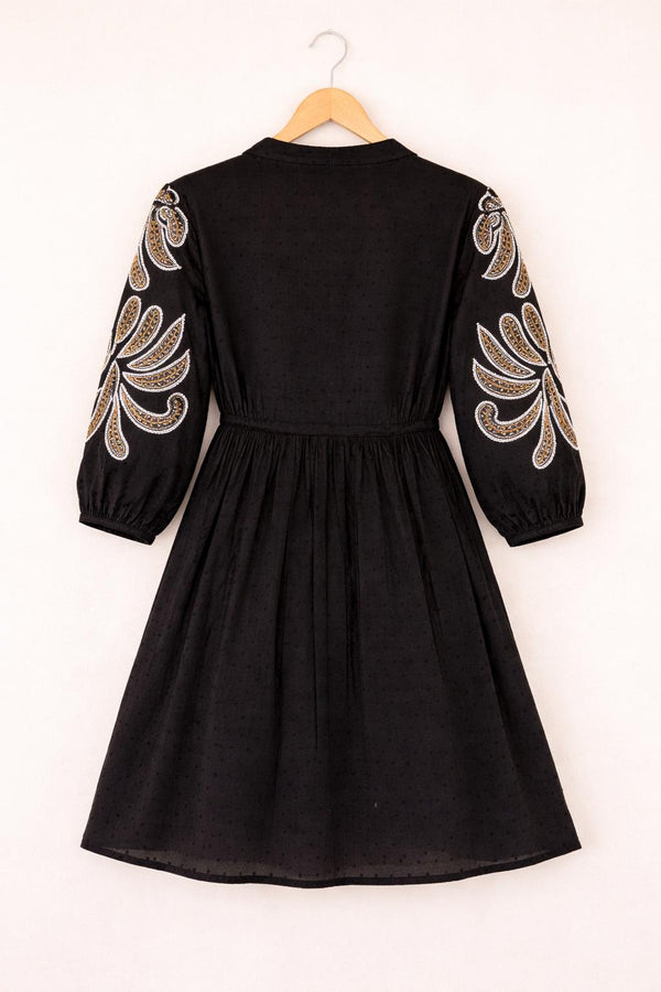 Black Cotton Embroidered Boho V-Neck A-Line Midi Outfit