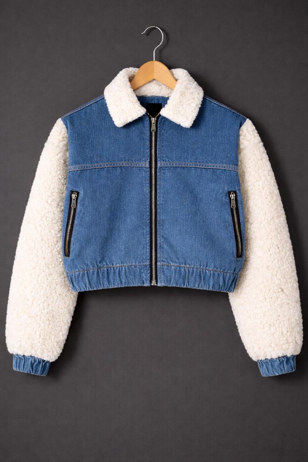Blue Cropped Denim Jacket with Faux Fur Sleeves & Sherpa Collar