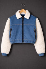 Blue Cropped Denim Jacket with Faux Fur Sleeves & Sherpa Collar
