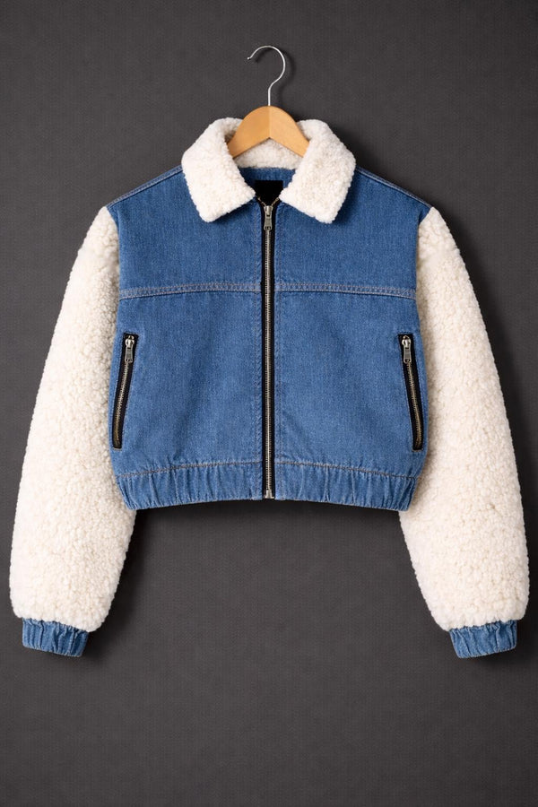 Blue Cropped Denim Jacket with Faux Fur Sleeves & Sherpa Collar