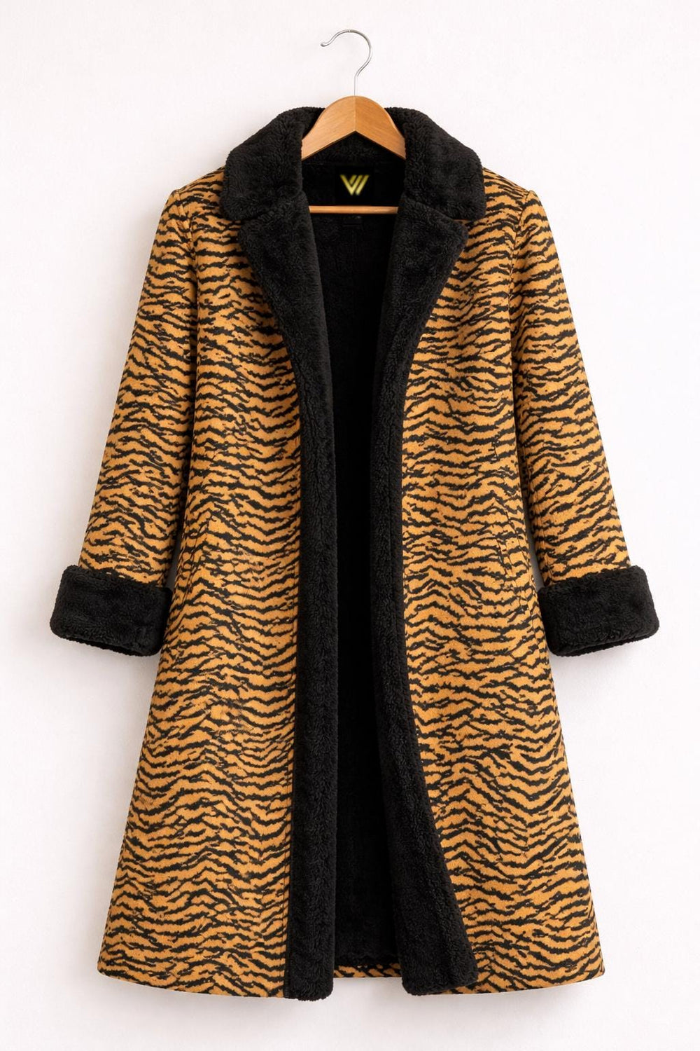 Tiger Print Wool Coat with Black Faux Fur Trim Long Winter Overcoat