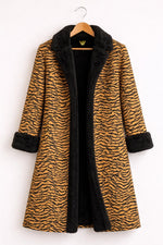 Tiger Print Wool Coat with Black Faux Fur Trim Long Winter Overcoat