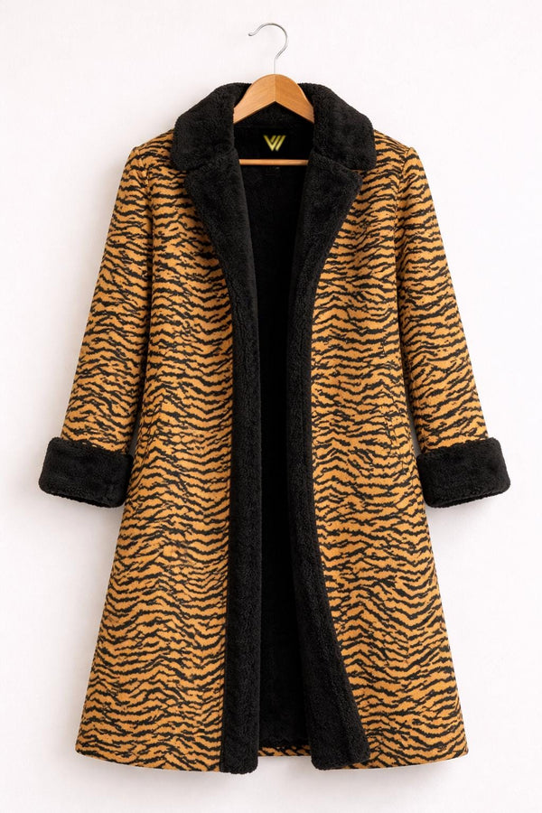 Tiger Print Wool Coat with Black Faux Fur Trim Long Winter Overcoat