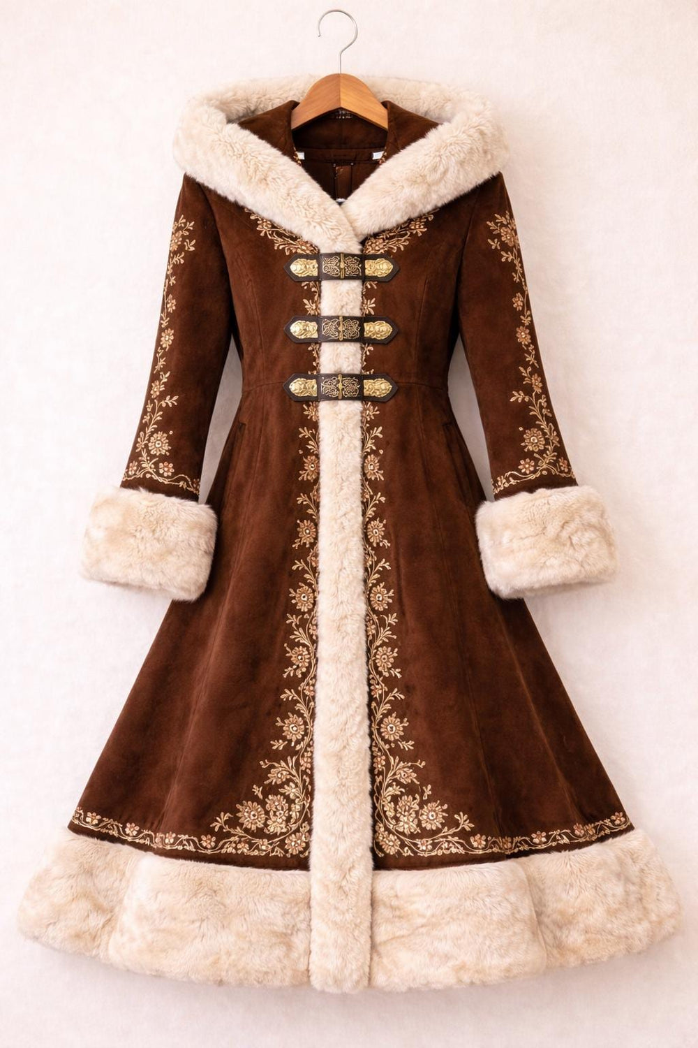 Brown Victorian Gothic Fur Trim Embroidered Coat
