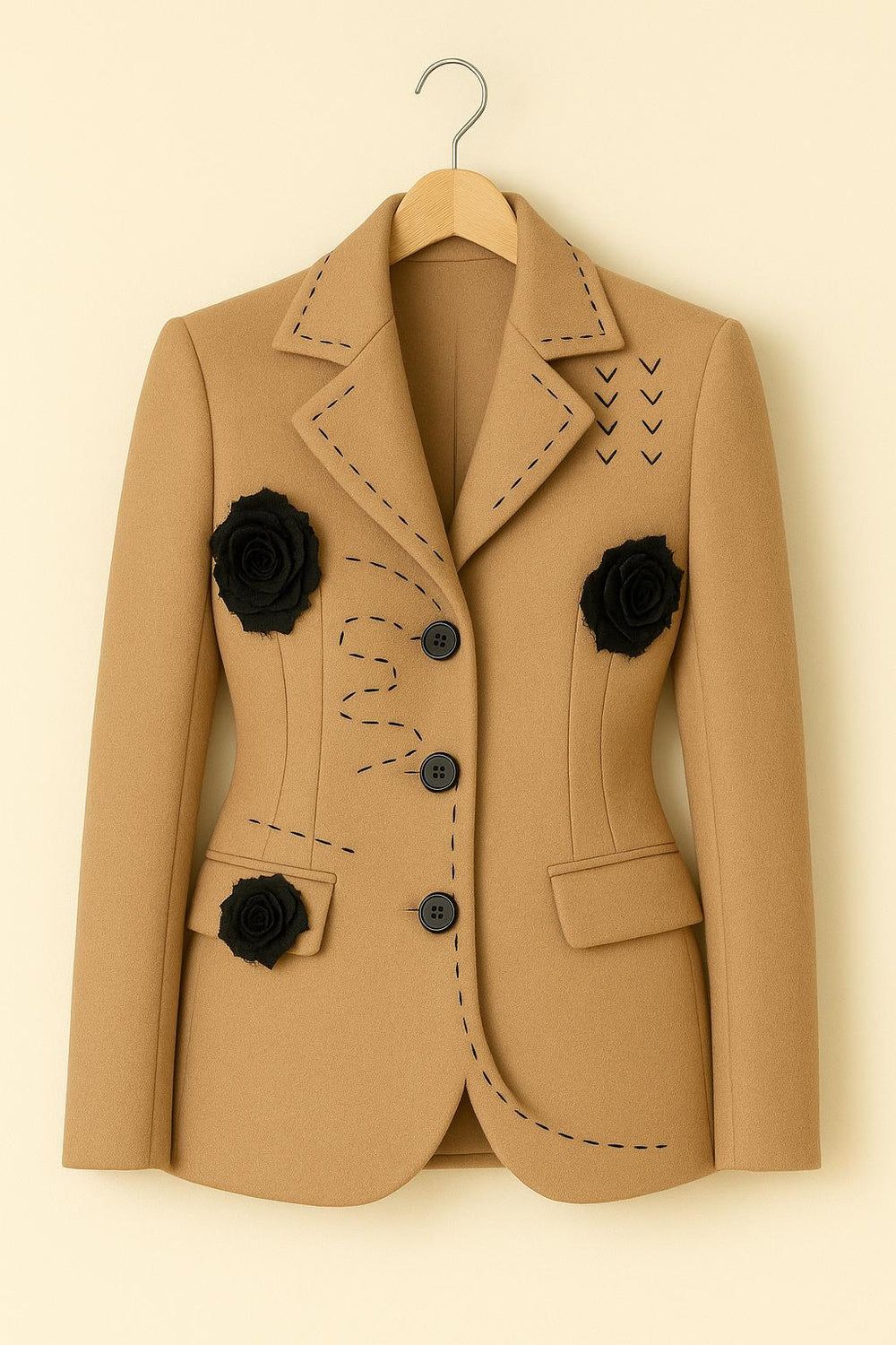 Beige Floral Blazer: Hand Stitch Detail with Black Rose Applique