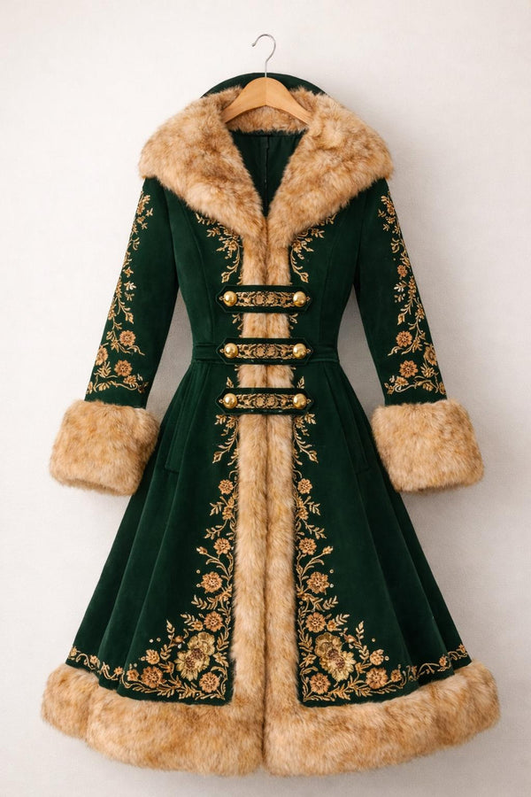 Elegant Green Victorian Fur Trimmed Coat with Gold Embroidery Vintage Luxury Winter Outerwear