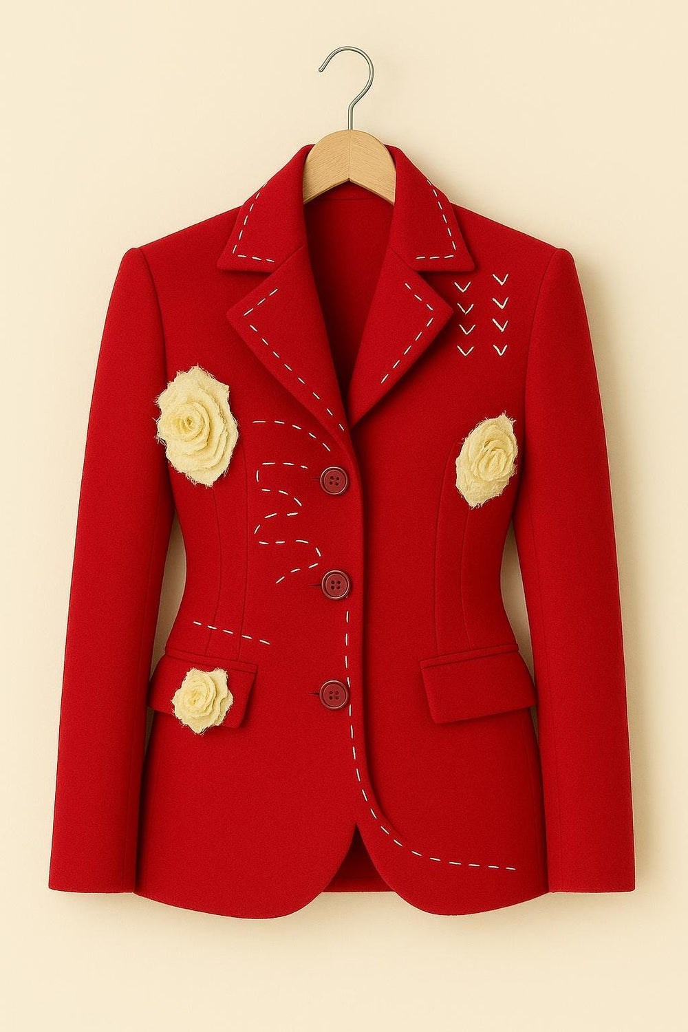 Handmade Red Floral Blazer | Rose Applique with Stitch Detail Wool Coat