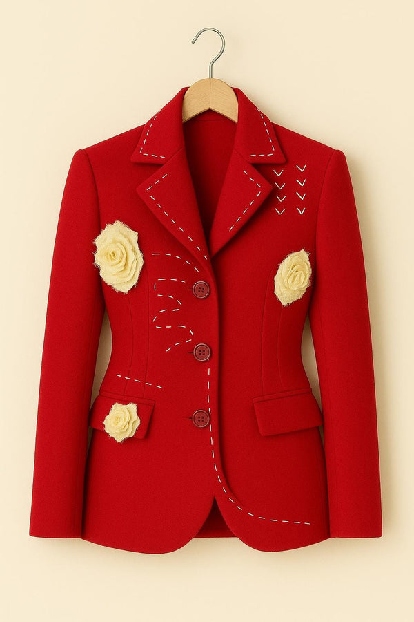 Handmade Red Floral Blazer | Rose Applique with Stitch Detail Wool Coat