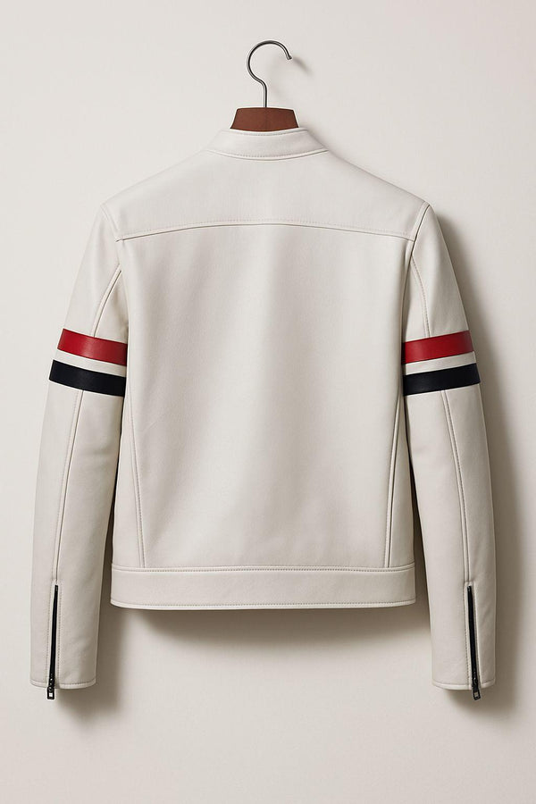 White Cafe Racer Jacket: Leather Moto Jacket with Red & Black Detailing
