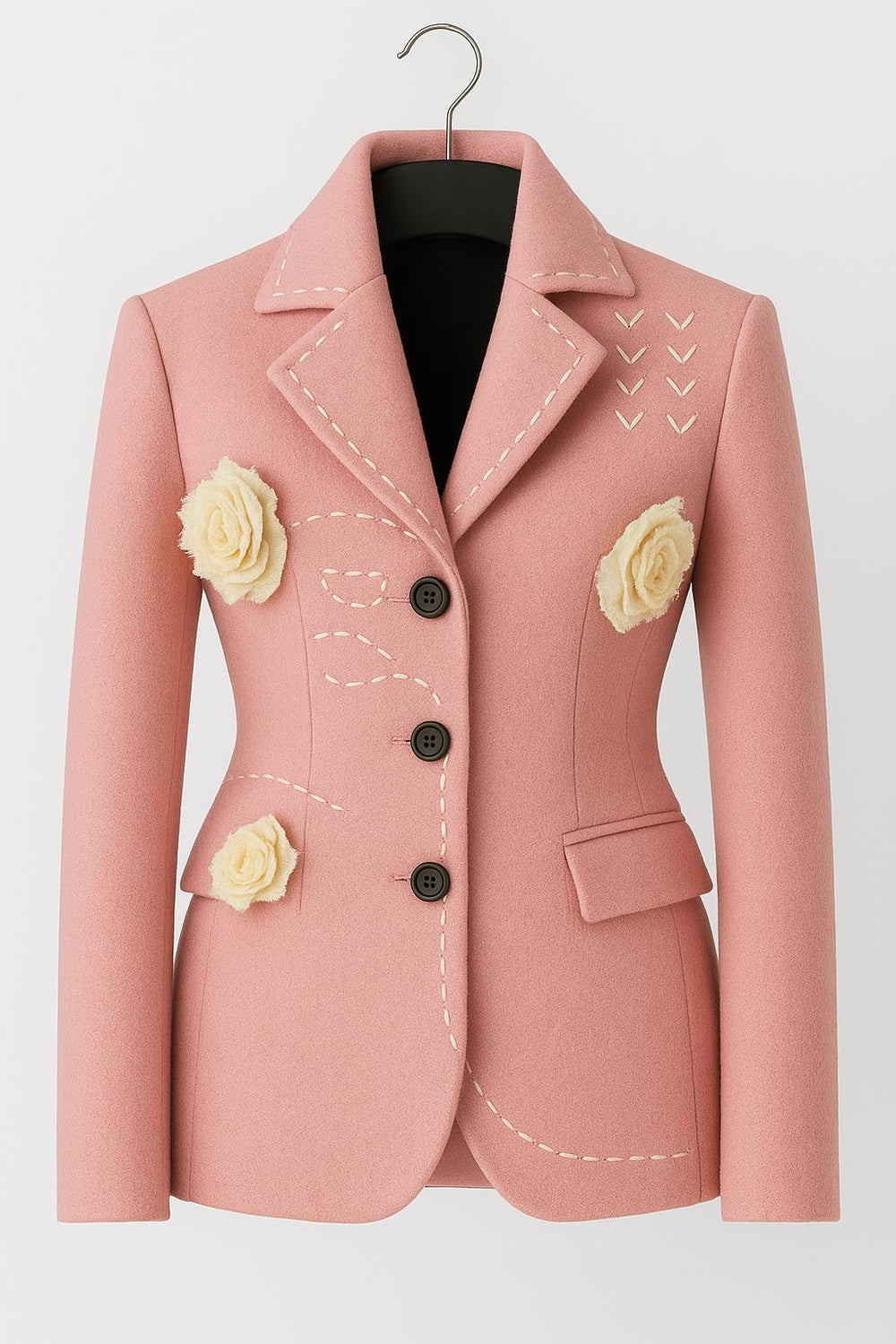Pink Floral Wool Blazer: Hand Stitch Detail with Beige Rose Applique
