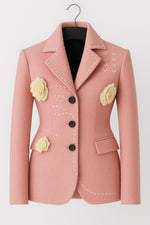 Pink Floral Wool Blazer: Hand Stitch Detail with Beige Rose Applique